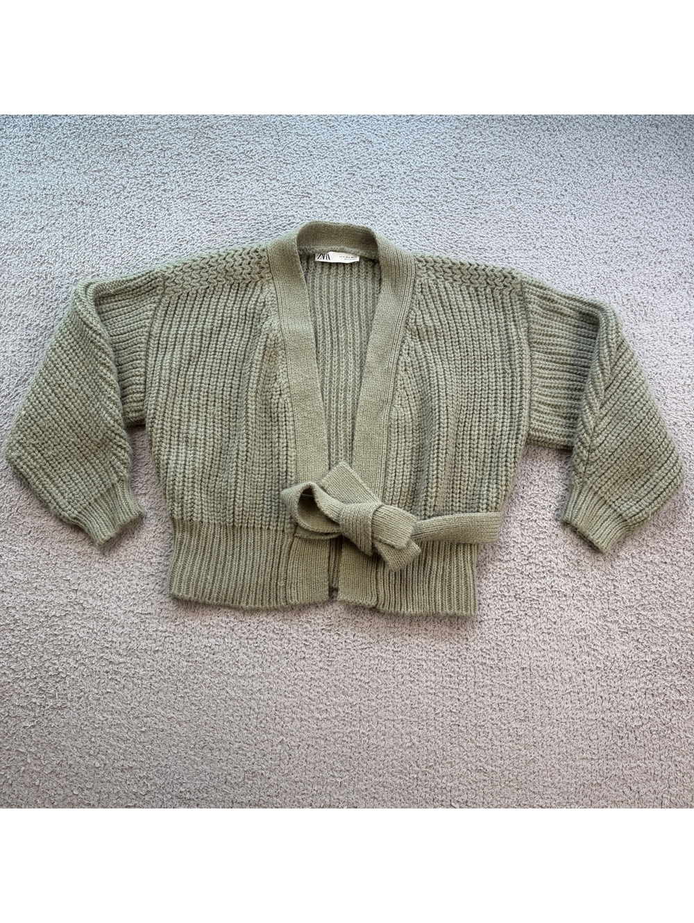 Zara Knit Wrap Cardigan Sweater Olive Green Tie Waist Open Front Women's Small